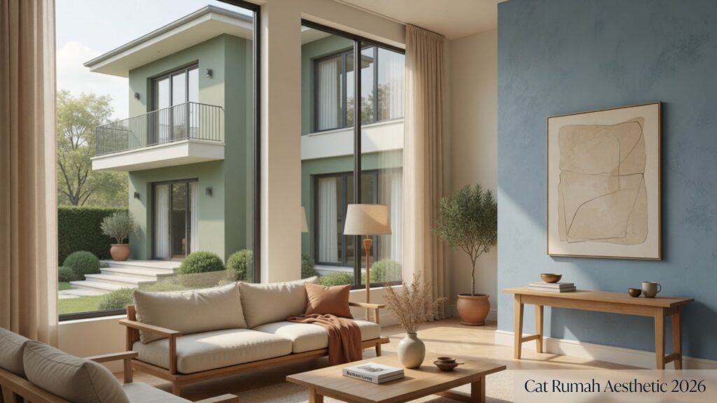 Rumah modern dua lantai dengan cat rumah aesthetic sage green di eksterior dan kombinasi beige warm white di interior beserta dinding accent dusty blue, contoh desain rumah elegan dan trending 2026
